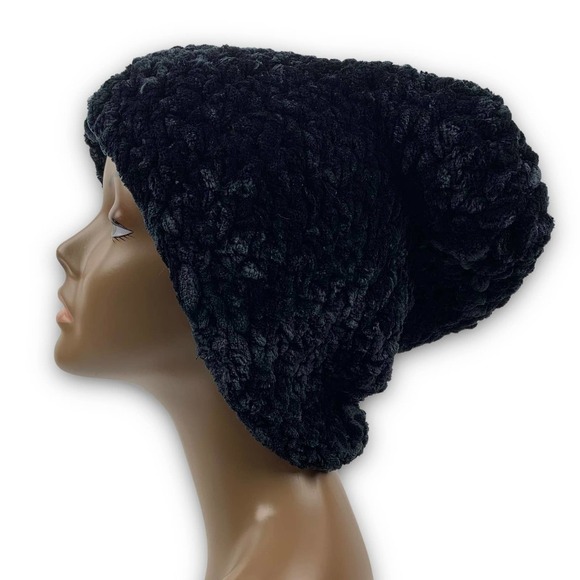Hand made crochet black velour oversized beanie winter hat